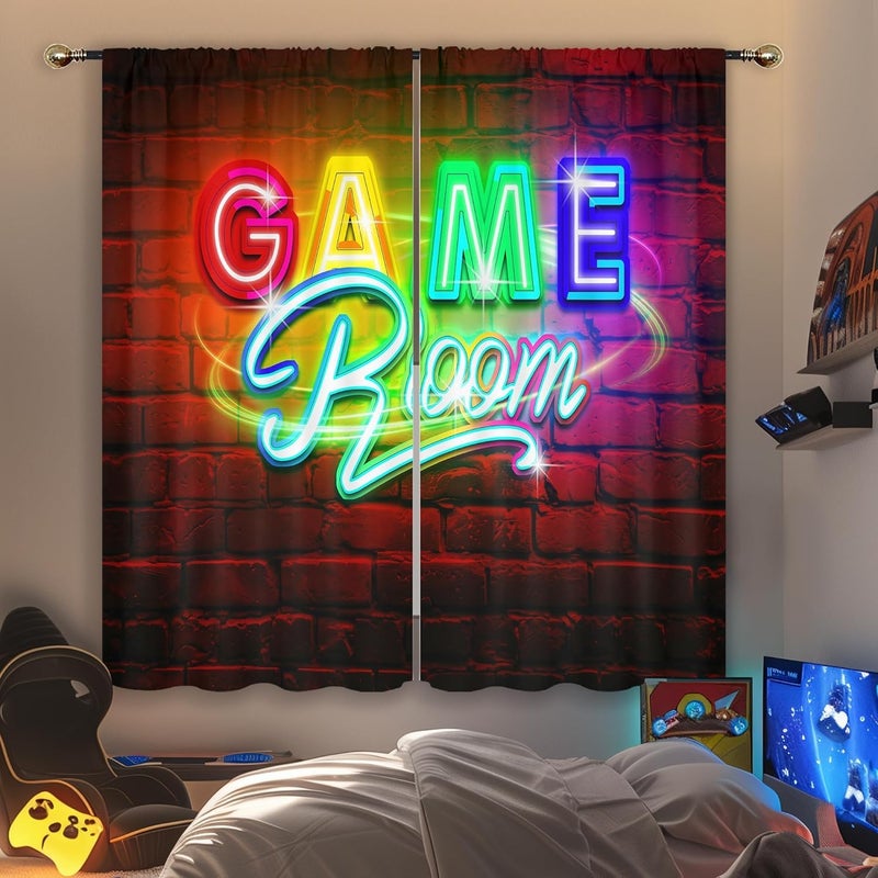 Mitpok Neon Gaming Curtains for Bedroom 42Wx63H Inch Rod Pocket Kids Boys Gamer Video Game Room Playroom Cool Modern Rustic Brick Wall Child Men 2 Panel Window Treatment Set for Living Room Decor - Image 1