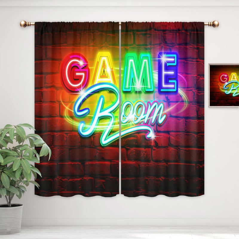 Mitpok Neon Gaming Curtains for Bedroom 42Wx63H Inch Rod Pocket Kids Boys Gamer Video Game Room Playroom Cool Modern Rustic Brick Wall Child Men 2 Panel Window Treatment Set for Living Room Decor - Image 2