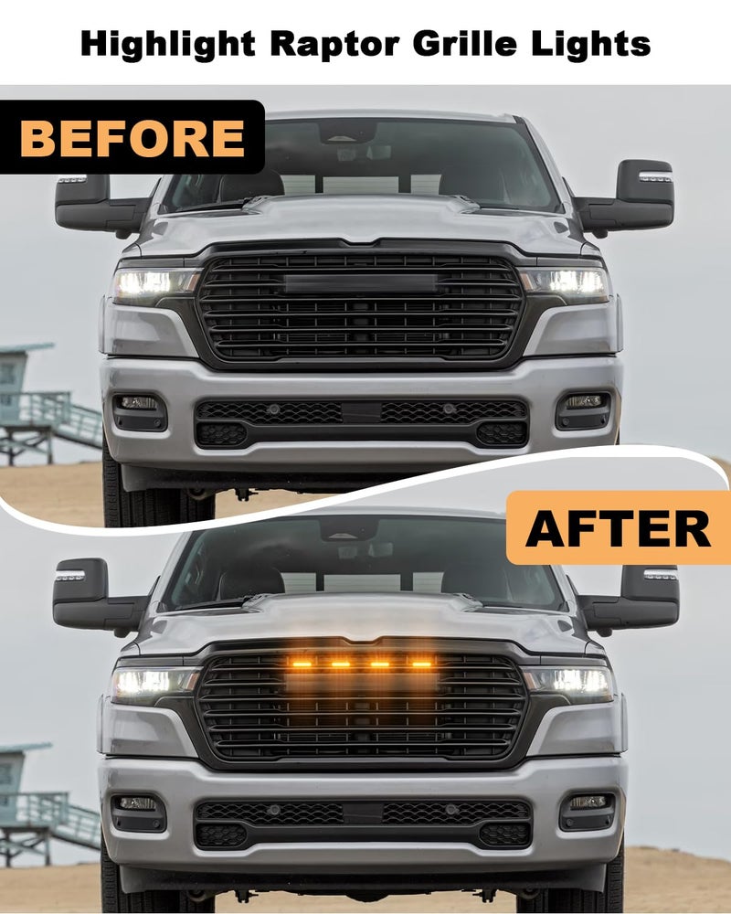 TBHOO Grill LED Light for 2025-2019 Dodge Ram 1500 2500 3500 Accessories Raptor Grille Lights Front Bumper Warning Light,4Pcs (Yellow) - Image 2