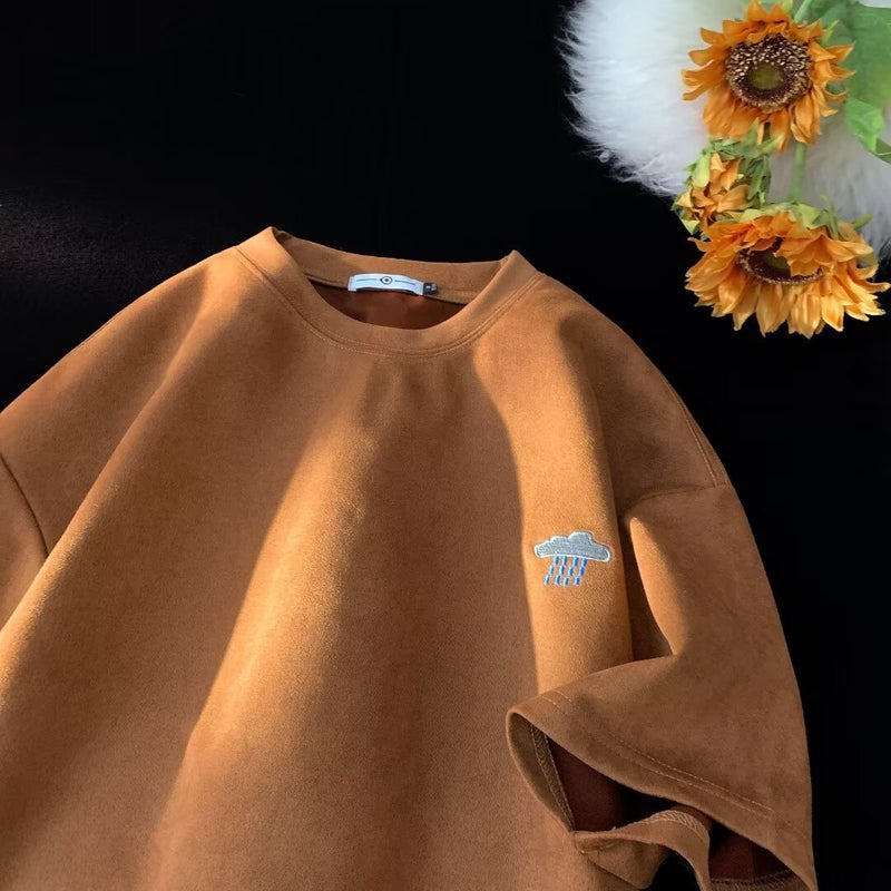 Suede Embroidered Short-Sleeved T-Shirt Men'S 2024 Summer Loose All-Match Round Neck Half-Sleeved T-Shirt For Couples And Students - Image 5