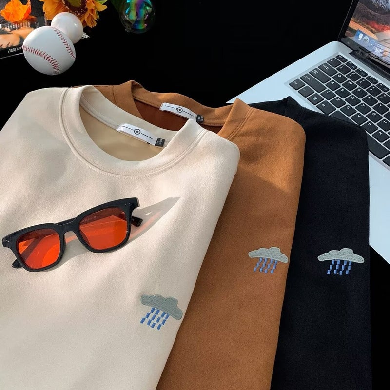 Suede Embroidered Short-Sleeved T-Shirt Men'S 2024 Summer Loose All-Match Round Neck Half-Sleeved T-Shirt For Couples And Students - Image 3