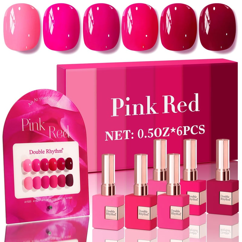 Double Rhythm 6 Pcs 15 ML Gel Polish Set Same Color Same Bottle Soak Off Gel Polish Kit Nail Art Manicure Salon DIY at Home for Women Neon Light Pink Purple Burgundy RedT68