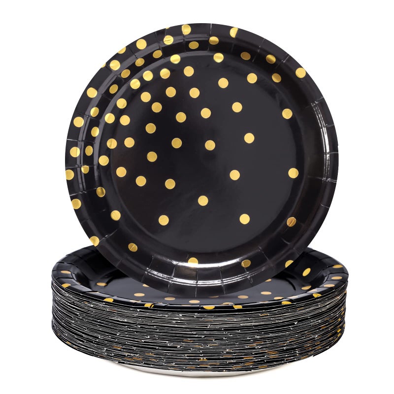 CENLBJ Black and Gold Party Supplies, Black Paper Dessert Plates for Birthday Graduation (50-Count) - Image 1