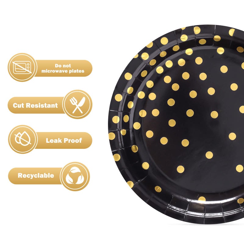 CENLBJ Black and Gold Party Supplies, Black Paper Dessert Plates for Birthday Graduation (50-Count) - Image 4