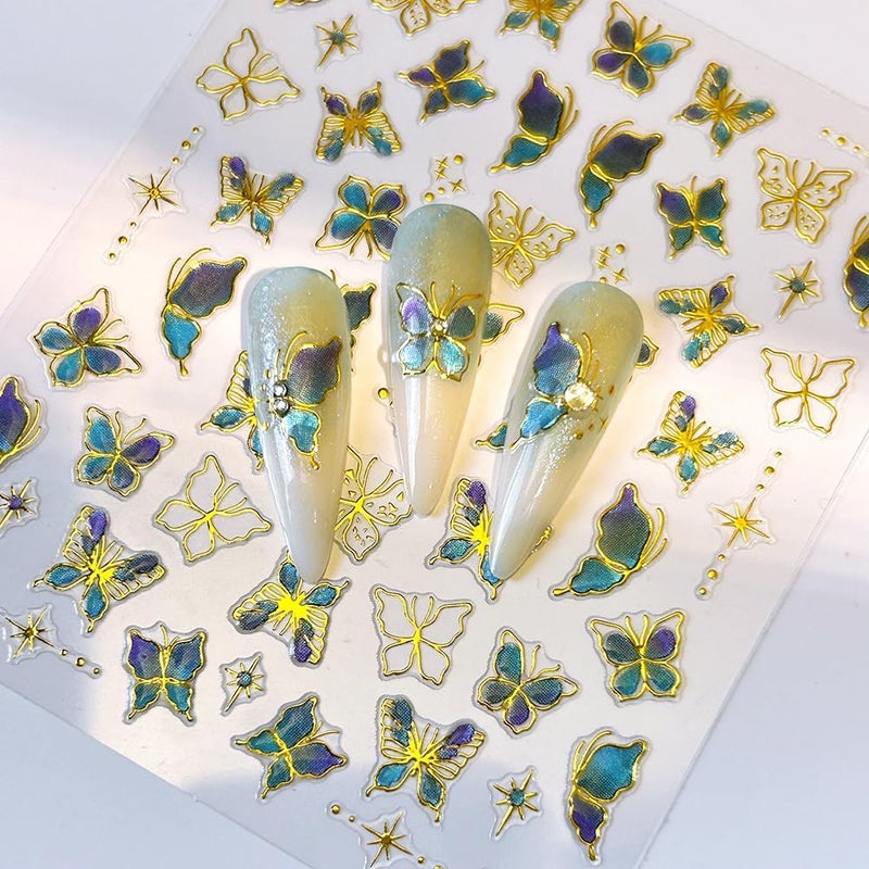 Maigitur 6Sheets Butterfly Nail Stickers Laser 5D Embossed Nail Decals Gold Nail Designs Spring Summer Nails Supplies 3D Self-Adhesive Colorful Animal Prints Stars Nails Art Stickers for Women DIY Manicure - Image 2
