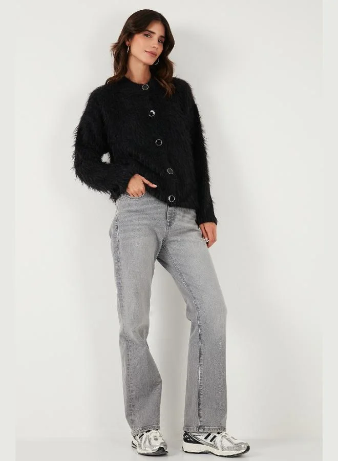 Lela Lela Soft Fluffy Regular Fit Crew Neck Buttoned Cardigan Women's CARDIGAN 4617007