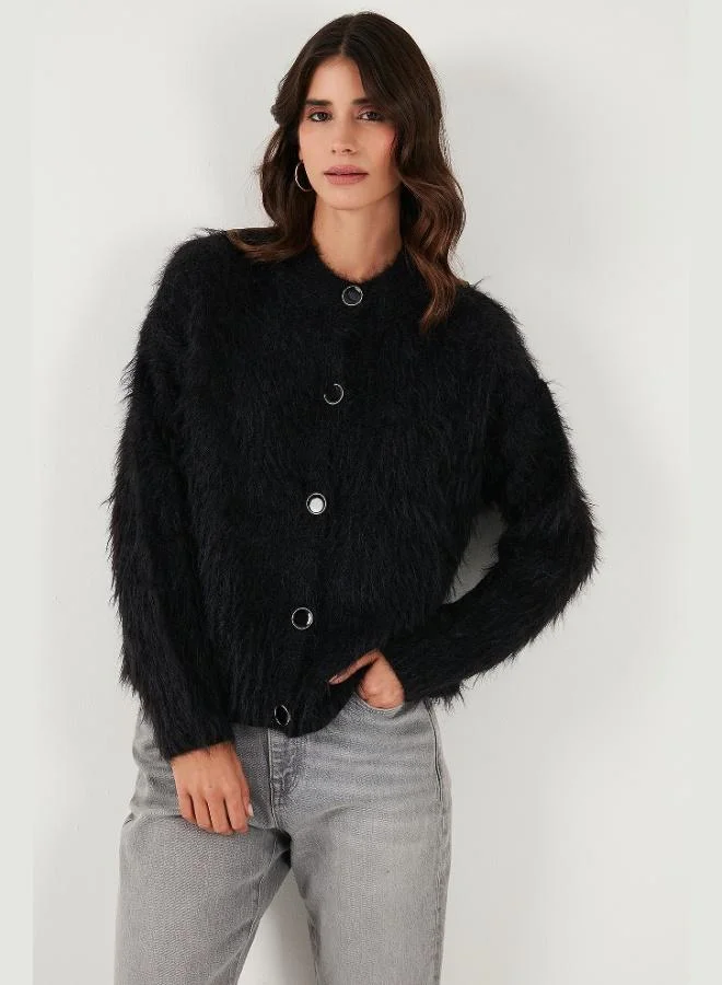 Lela Lela Soft Fluffy Regular Fit Crew Neck Buttoned Cardigan Women's CARDIGAN 4617007