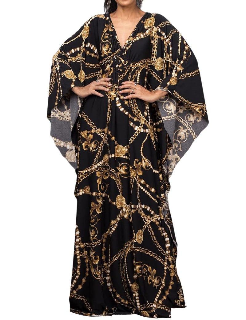 Bsubseach فستان كافتان شاطئي مطبوع للنساء بحجم زائد مع غطاء سباحة أسود مزين بسلسلة - Image 1