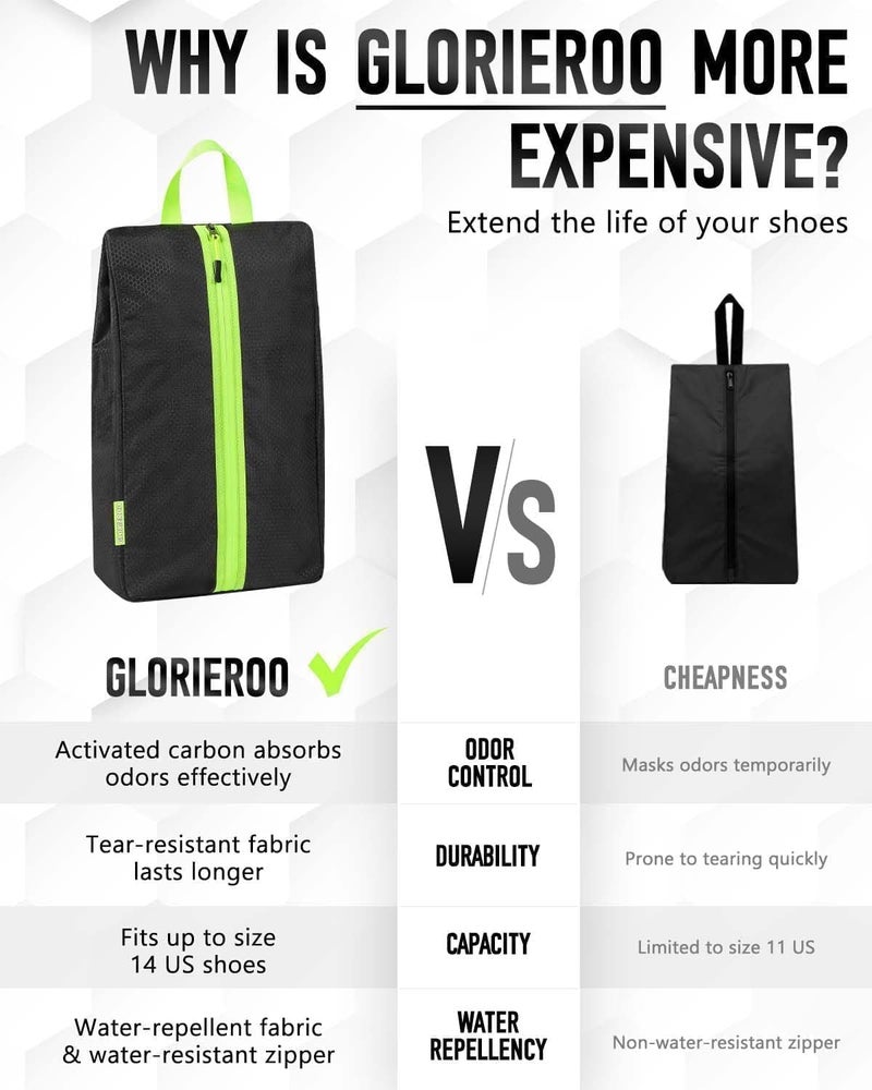 GLORIEROO Smell Proof Shoe Bags for Travel-Soccer Cleat Bag Smell Proof with Active Carbon Fabric | Odor-Absorbing Water-Resistant Track Shoe bags for Sports (Black with Green, UP TO US14) - Image 4