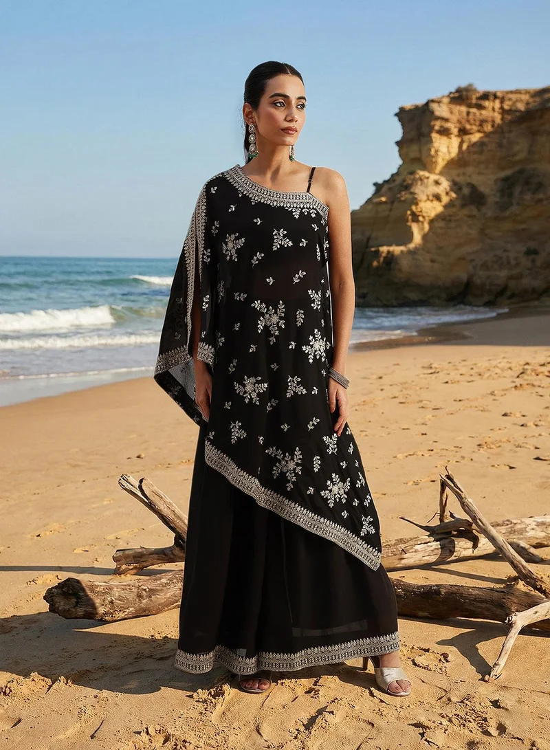 ISHIN Rich Chinon Embroidered Black Embroidered A Line Co-Ords ShararaBottom