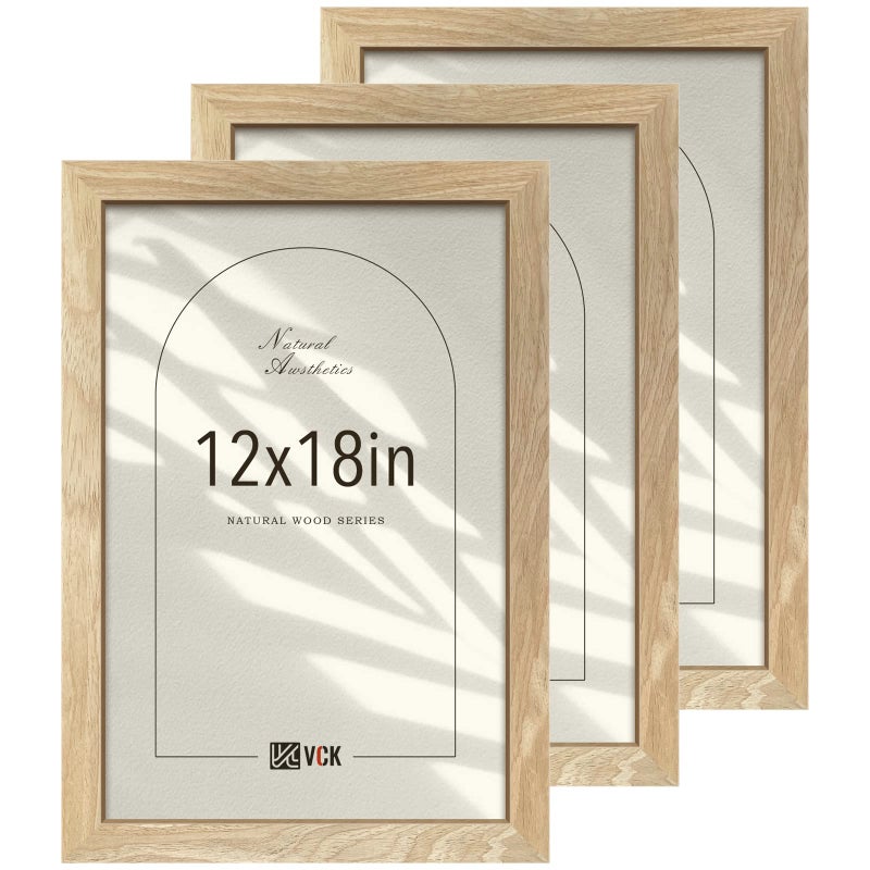 VCK 12x18 Picture Frame 3 Pack Natural Wood Solid Poster Frames Textured Exclusive Wood Wall Gallery Frame