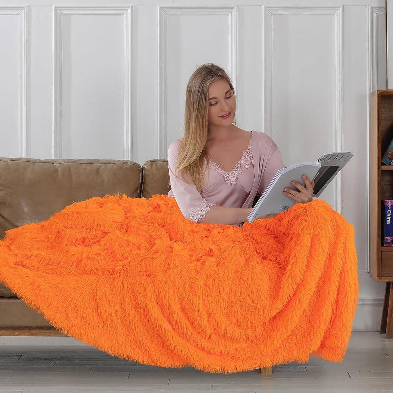 Tuddrom Decorative Extra Soft Faux Fur Blanket Queen Size 80"x90",Solid Reversible Fuzzy Long Hair Shaggy Blanket,Fluffy Plush Fleece Comfy Microfiber Fur Blanket for Couch Sofa Bed,Neon Orange - Image 3