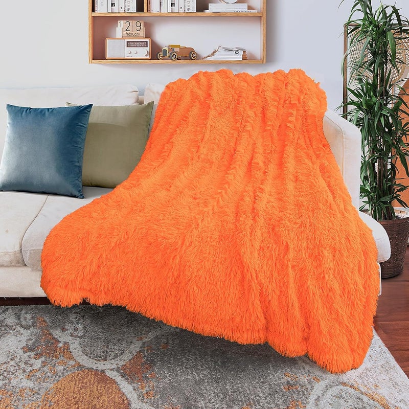 Tuddrom Decorative Extra Soft Faux Fur Blanket Queen Size 80"x90",Solid Reversible Fuzzy Long Hair Shaggy Blanket,Fluffy Plush Fleece Comfy Microfiber Fur Blanket for Couch Sofa Bed,Neon Orange - Image 2