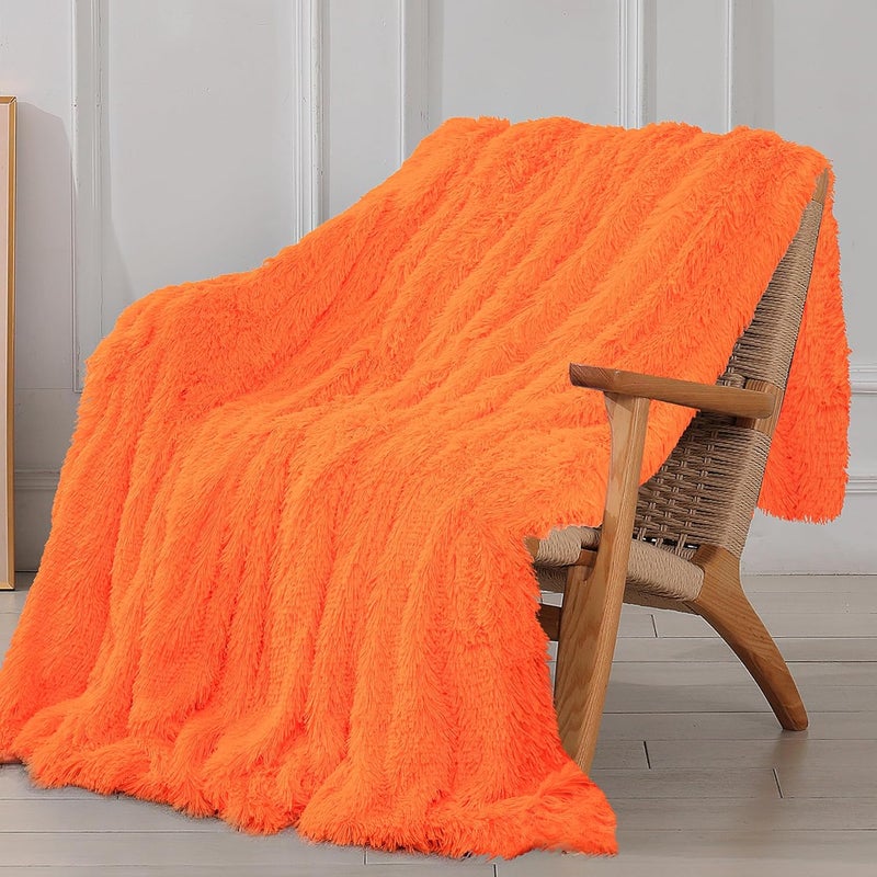 Tuddrom Decorative Extra Soft Faux Fur Blanket Queen Size 80"x90",Solid Reversible Fuzzy Long Hair Shaggy Blanket,Fluffy Plush Fleece Comfy Microfiber Fur Blanket for Couch Sofa Bed,Neon Orange - Image 1