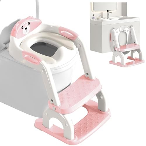 kimitimi Potty Training Seat with Step Stool for Toddlers - Upgrade 2-in-1 Toilet Seat Toilet Ladder for Kids Children Boys Girls, Anti-Slip Pad & Adjustable Height with Waterproof - Pink - Image 1