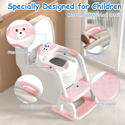 kimitimi Potty Training Seat with Step Stool for Toddlers - Upgrade 2-in-1 Toilet Seat Toilet Ladder for Kids Children Boys Girls, Anti-Slip Pad & Adjustable Height with Waterproof - Pink - Image 3