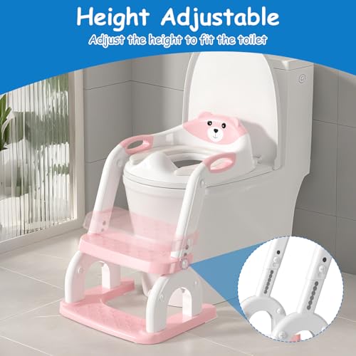 kimitimi Potty Training Seat with Step Stool for Toddlers - Upgrade 2-in-1 Toilet Seat Toilet Ladder for Kids Children Boys Girls, Anti-Slip Pad & Adjustable Height with Waterproof - Pink - Image 2