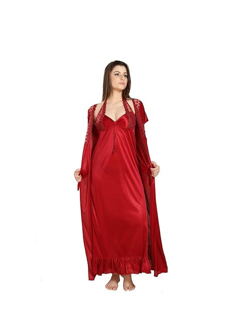 Women's Satin Solid Maxi Length Nighty with Robe Nightwear Set Pack of 2