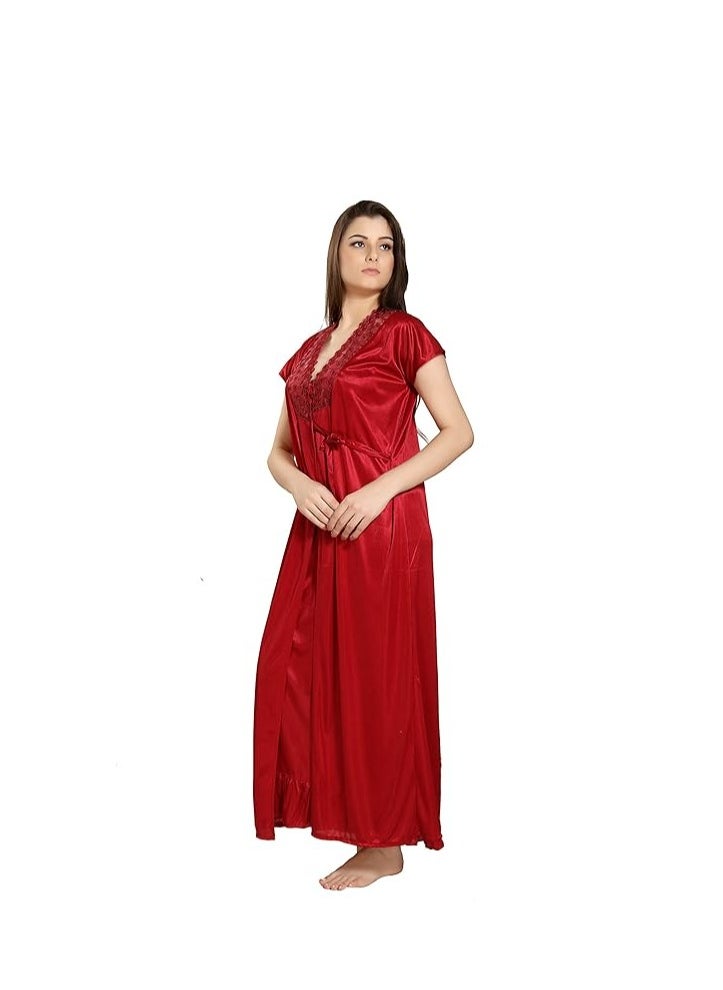 Accessorize Kingdom - Women's Satin Solid Maxi Length Nighty with Robe Nightwear Set Pack of 2 - Image 1