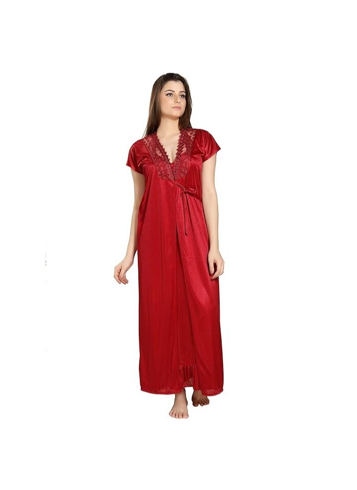 Accessorize Kingdom - Women's Satin Solid Maxi Length Nighty with Robe Nightwear Set Pack of 2 - Image 1