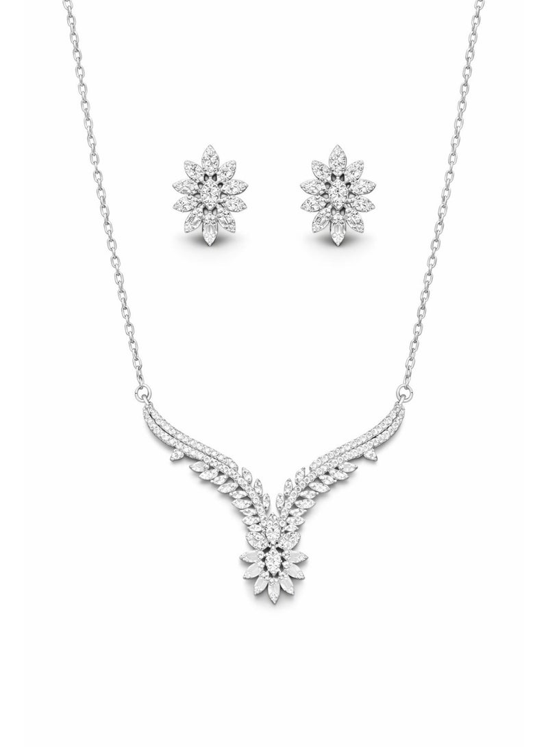 ثري دايموندز طقم سلسلة وحلق V مطلي بلاتين وروديوم بزركون تصميم وردة وورق - Image 2