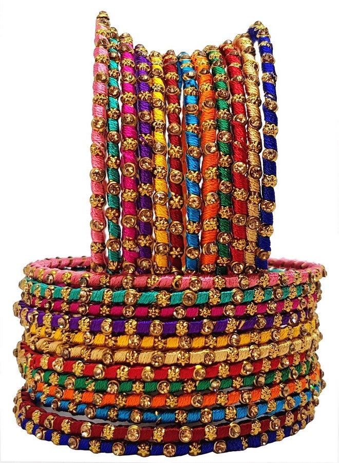 Swara Creations Metal Multicolored bangles/kada Set wrapped in Silk Thread & golden dots for Women & Girls (24 Pcs) - Image 1