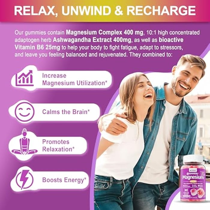 NEVISS Magnesium Gummies 400mg | 5-in-1 Magnesium Complex for Women & Men: Mag Glycinate, Citrate, Malate, Chloride & Taurate | w/Ashwagandha, D3 & Zinc for Relaxtion, Mood,Energy | Sugar-Free, Vegan, 60Cts - Image 4