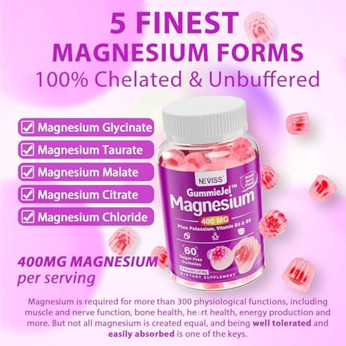 NEVISS Magnesium Gummies 400mg | 5-in-1 Magnesium Complex for Women & Men: Mag Glycinate, Citrate, Malate, Chloride & Taurate | w/Ashwagandha, D3 & Zinc for Relaxtion, Mood,Energy | Sugar-Free, Vegan, 60Cts - Image 3
