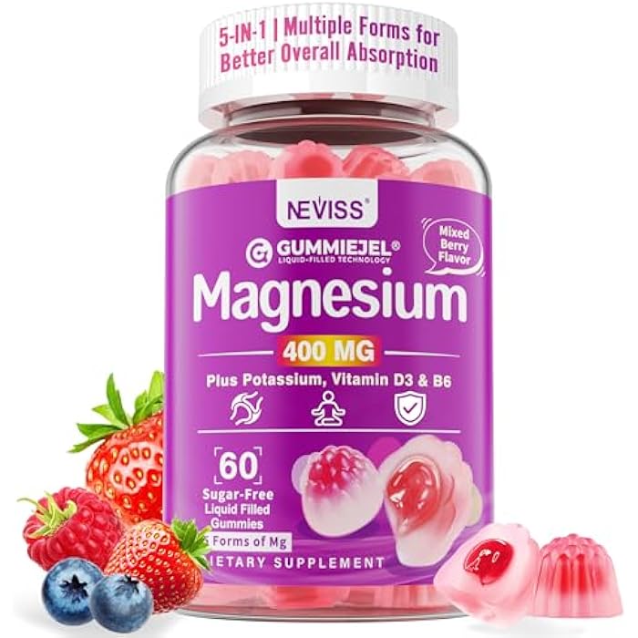NEVISS Magnesium Gummies 400mg | 5-in-1 Magnesium Complex for Women & Men: Mag Glycinate, Citrate, Malate, Chloride & Taurate | w/Ashwagandha, D3 & Zinc for Relaxtion, Mood,Energy | Sugar-Free, Vegan, 60Cts - Image 1