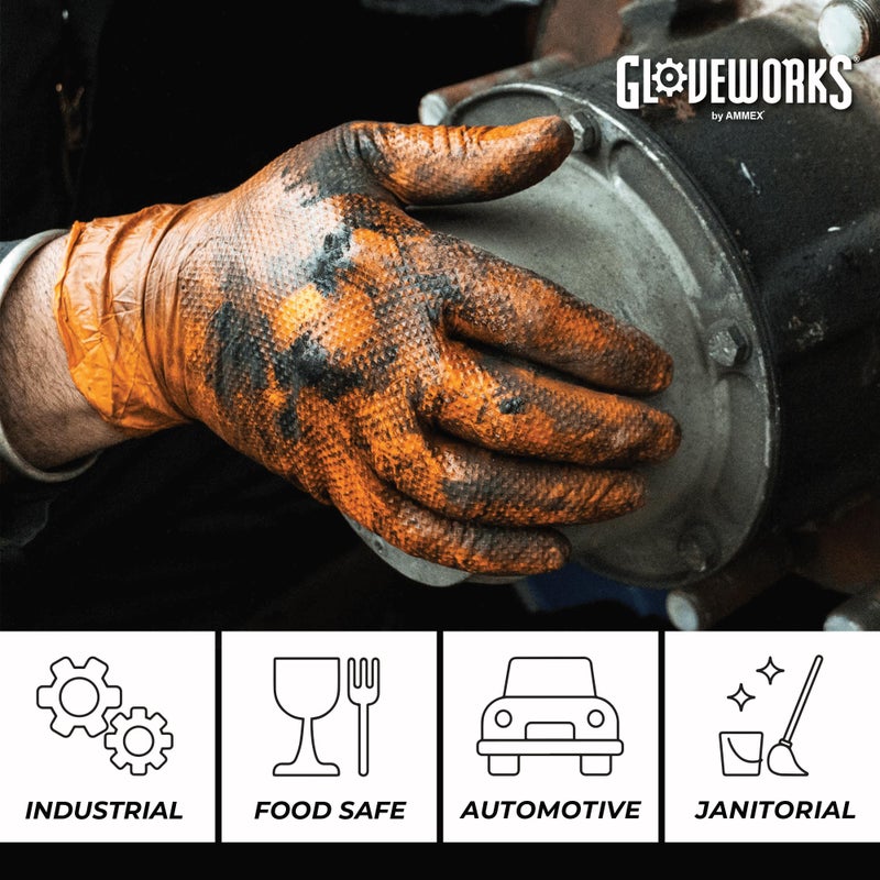 GLOVEWORKS قفازات عمل نيتريل برتقالية من جلوف ووركس 8 مل قابلة للتصرف ثقيلة الوزن مع تصميم ماسي مرتفع، قفاز ميكانيكي، كبير، علبة تحتوي على 100 قفاز - Image 3