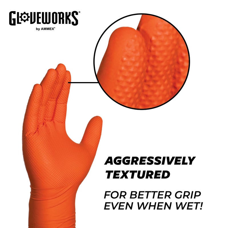 GLOVEWORKS قفازات عمل نيتريل برتقالية من جلوف ووركس 8 مل قابلة للتصرف ثقيلة الوزن مع تصميم ماسي مرتفع، قفاز ميكانيكي، كبير، علبة تحتوي على 100 قفاز - Image 4