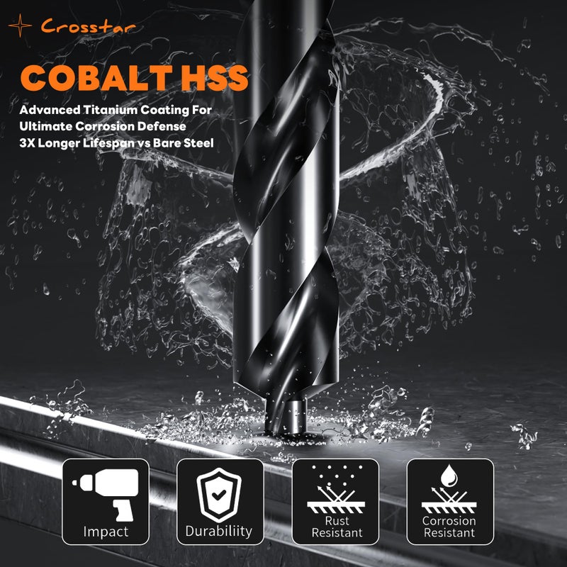 Crosstar M35 Cobalt Drill Bit Set - 21pcs 1/16"-1/2" TiAlN Coated Self-Centering Metal Drill Bits for Thin Hardened Steel, Stainless Steel, Titanium| Bullet Point Tip, High-Speed Jobber Bits - Image 2