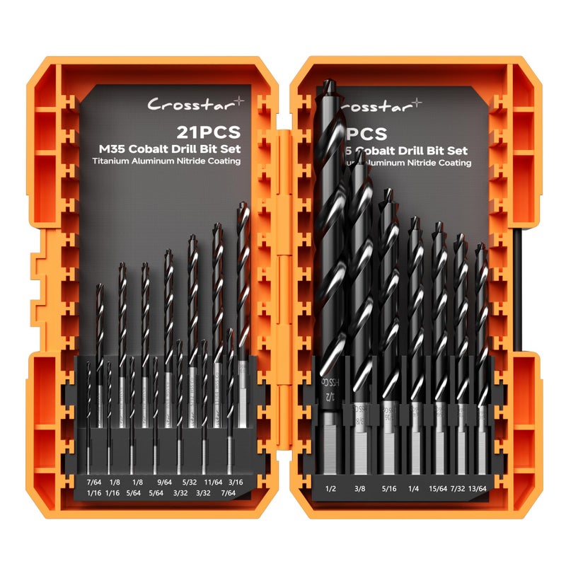 Crosstar M35 Cobalt Drill Bit Set - 21pcs 1/16"-1/2" TiAlN Coated Self-Centering Metal Drill Bits for Thin Hardened Steel, Stainless Steel, Titanium| Bullet Point Tip, High-Speed Jobber Bits - Image 1