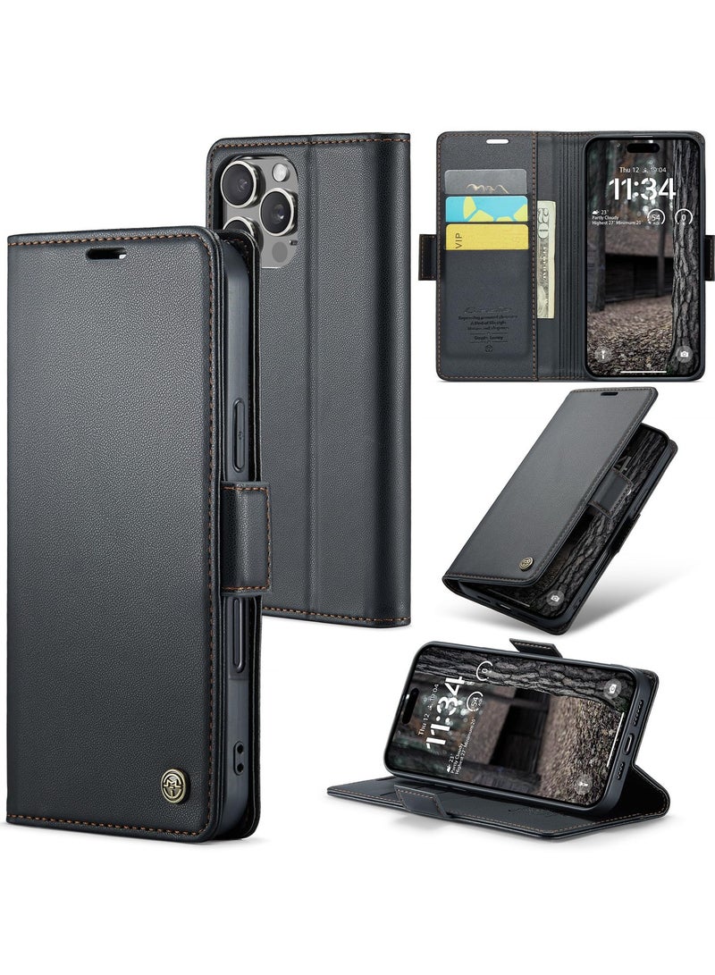 CaseMe Phone Case Luxury PU Leather Design Anti Fingerprint 023 Flip Cover Card Slot Holder Cover For Iphone 16 Pro Max (Black) - Image 1