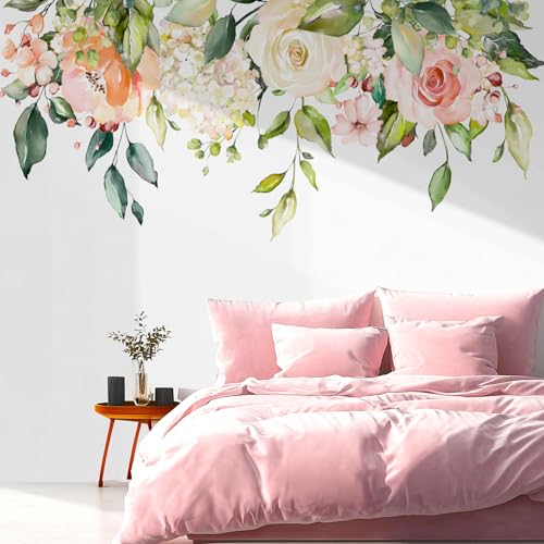 VePret Flowers Leaves Wall Decals Peel and Stick, Large Floral Flowers Wall Stickers, Removable Vine Home Decor Art for Bedroom Living Room Classroom Office - Image 1