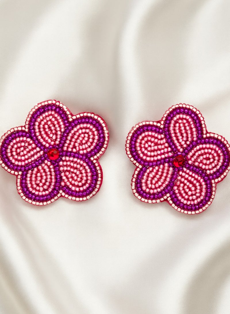 Ready For Chai Handmade Floral Beaded Statement Earrings – Elegant Party & Ethnic Jewelry- Purple
