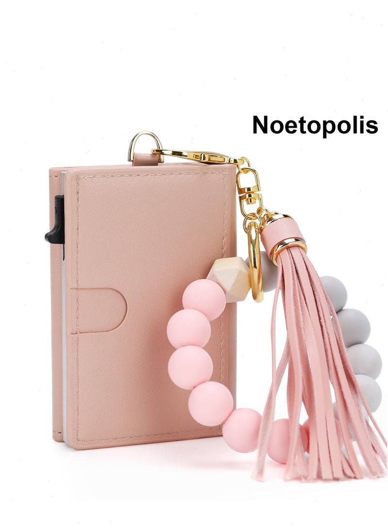 نوتوبوليس محفظة بطاقات نسائية رفيعة من الجلد مع حامل بطاقات مانع للترددات اللاسلكية للسيدات مع سوار من السيليكون المزين بالخرز محفظة صغيرة ثلاثية الطيات هدية للفتيات - Image 1