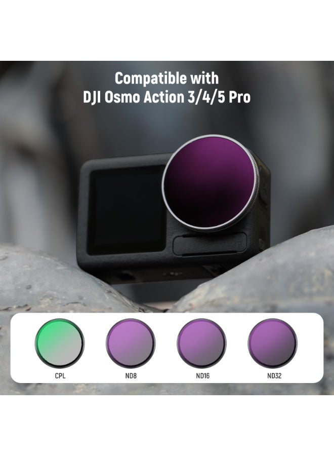 مجموعة فلاتر ND قابلة للتركيب السريع متوافقة مع كاميرات DJI Osmo Action 3/4/5 Pro، عبوة من 4 فلاتر ND8+ND16+ND32+CPL، فلاتر كثافة محايدة مستقطبة لكاميرات الحركة، زجاج بصري عالي الدقة متعدد الطبقات، FL-A76 - Image 2