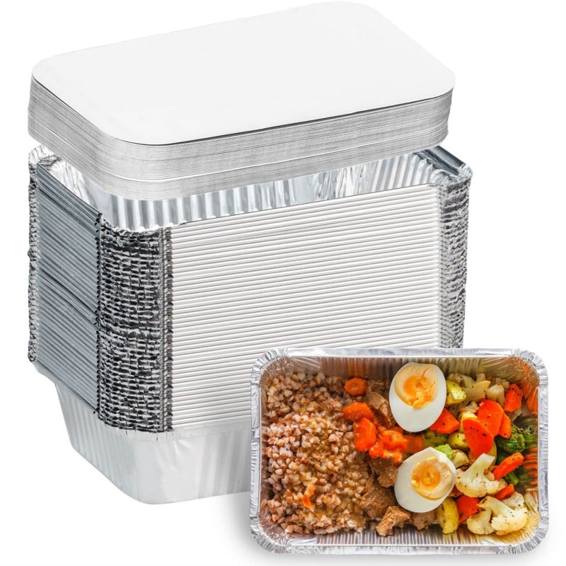 100 Pack Aluminum Foil Pans Disposable  8562 Foil Food Containers with Lids  225 LB Heavy Duty Tin Foil Pans  for Cooking Baking Meal Prep and Freezer