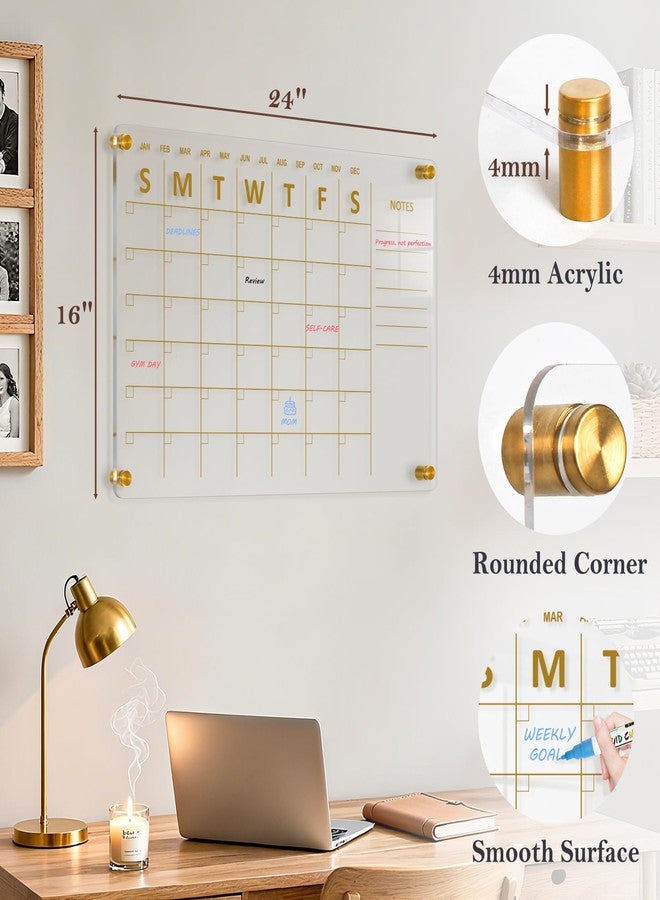 QUEENLINK Acrylic Calendar for Wall, 24"x16" Gold Dry Erase Board Weekly Planner Wall Mounted Board, Frameless White Board for Home, Office, School - Image 3