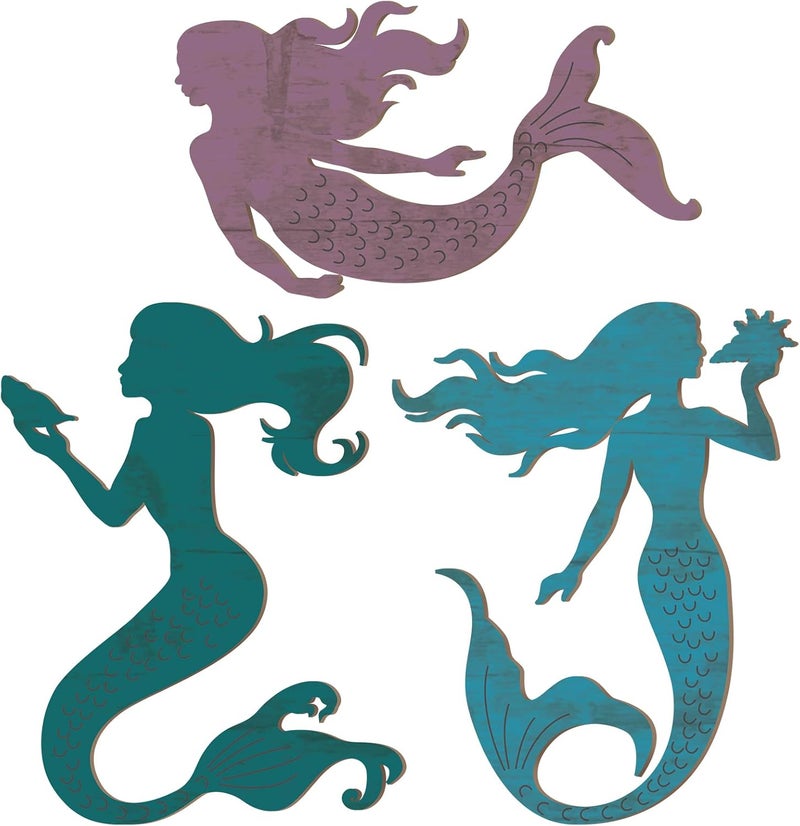 Qunclay Set of 3 Mermaid Wall Bathroom Decor Wooden Silhouettes Mermaid Art Hanging Farmhouse Ocean Themed Wall Decorations for Bedroom Room Accessories Rustic Elegant - Image 1