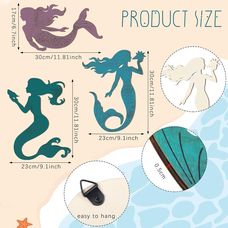 Qunclay Set of 3 Mermaid Wall Bathroom Decor Wooden Silhouettes Mermaid Art Hanging Farmhouse Ocean Themed Wall Decorations for Bedroom Room Accessories Rustic Elegant - Image 2