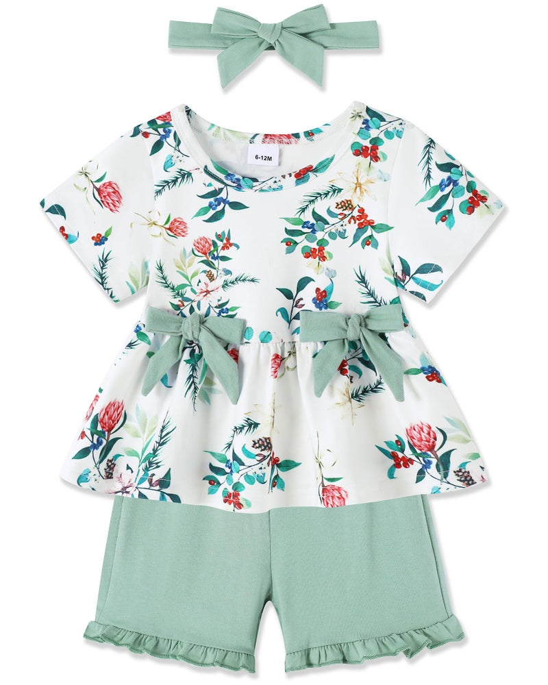 YALLET Toddler Baby Girl Clothes Summer Outfits Set, Short Sleeve T-Shirt+Casual Shorts+Headband 3Pcs Infant Girl Clothing(Green, 18-24 Months) - Image 1