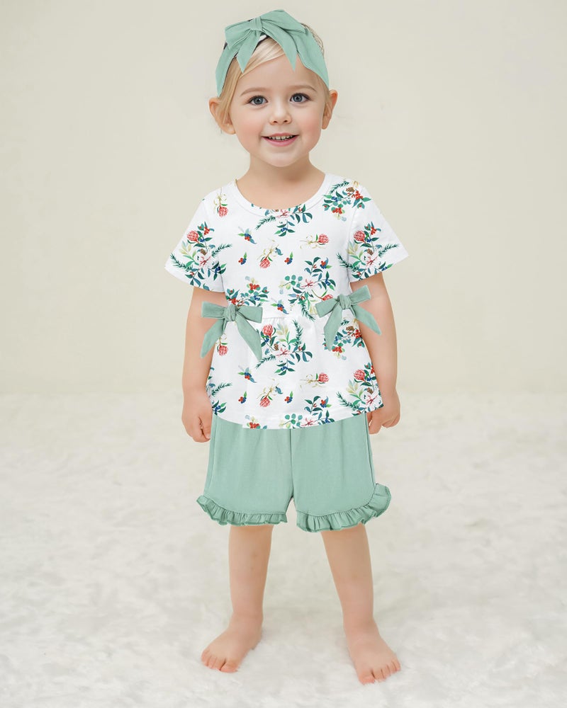 YALLET Toddler Baby Girl Clothes Summer Outfits Set, Short Sleeve T-Shirt+Casual Shorts+Headband 3Pcs Infant Girl Clothing(Green, 18-24 Months) - Image 2