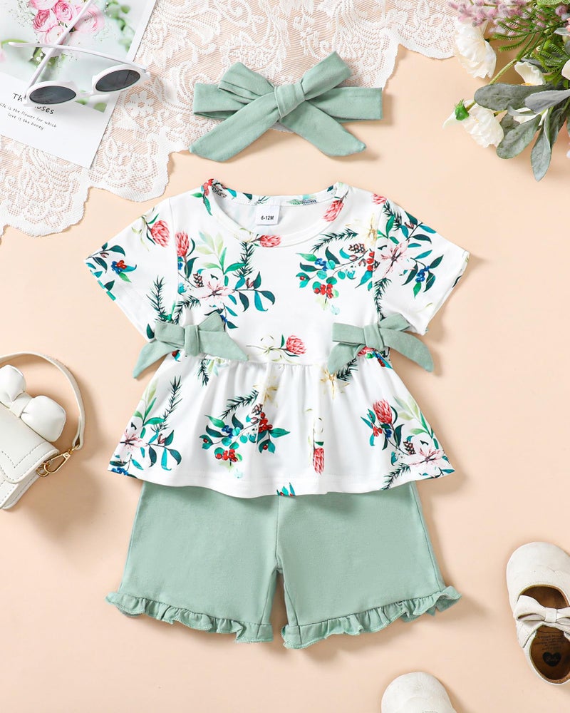 YALLET Toddler Baby Girl Clothes Summer Outfits Set, Short Sleeve T-Shirt+Casual Shorts+Headband 3Pcs Infant Girl Clothing(Green, 18-24 Months) - Image 5
