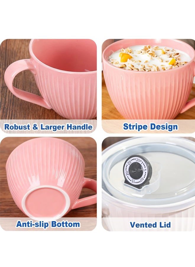 Hoilse Ceramic Soup Bowl with Handle,24 oz Large Coffee Mugs, Jumbo Soup Mugs With Lids for Breakfast Cereal, Oatmeal, Coffee,Tea,Dishwasher & Dishwasher Safe,Housewarming Wedding Gift,1PC (Pink) - Image 4