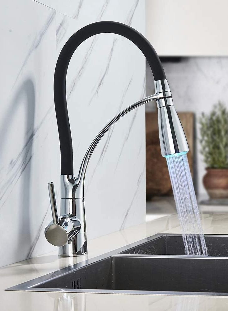 Y&D LED Kitchen Sink Mixer Tap, Pull Down Spray 360 Degree Rotation Spout, with 3-Colour Temperature Display, Black Hose Single Handle Cold and Hot Water Brass Tap  - Image 3