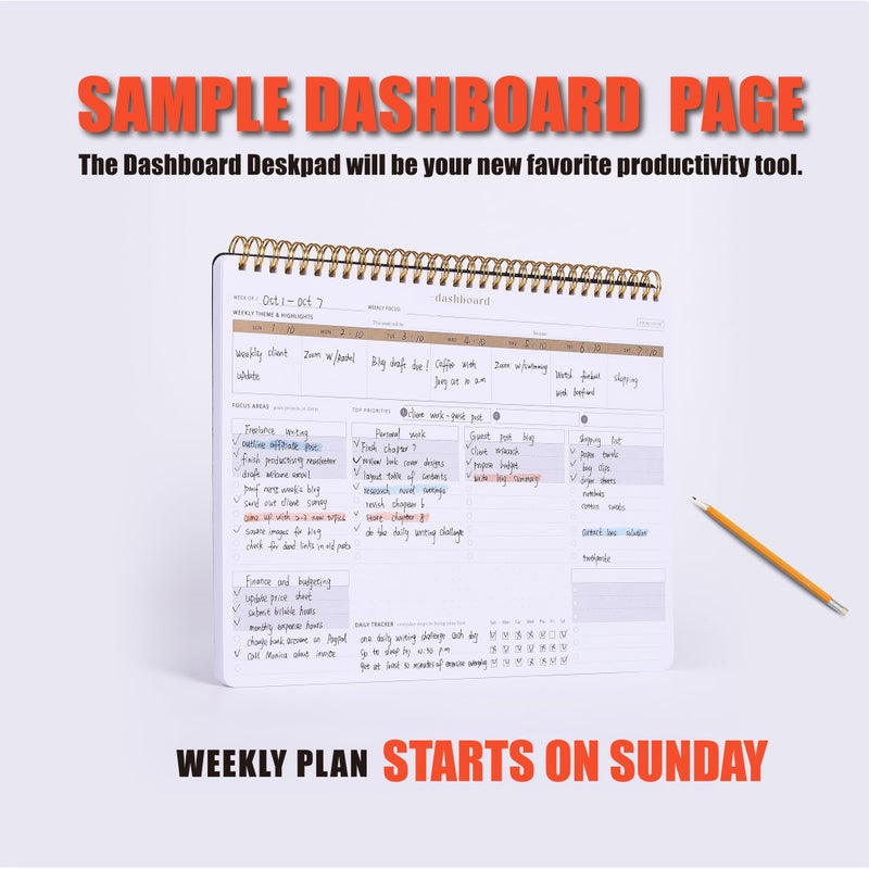 ZERONE CENTRE Productivity Weekly Planner - 54 Sheets Dashboard Spiral Deskpad Has 6 Focus Areas to List Tasks for Goals, Projects, Clients, Academic, or Shopping-Organize Your Daily Work Efficiently - Image 4