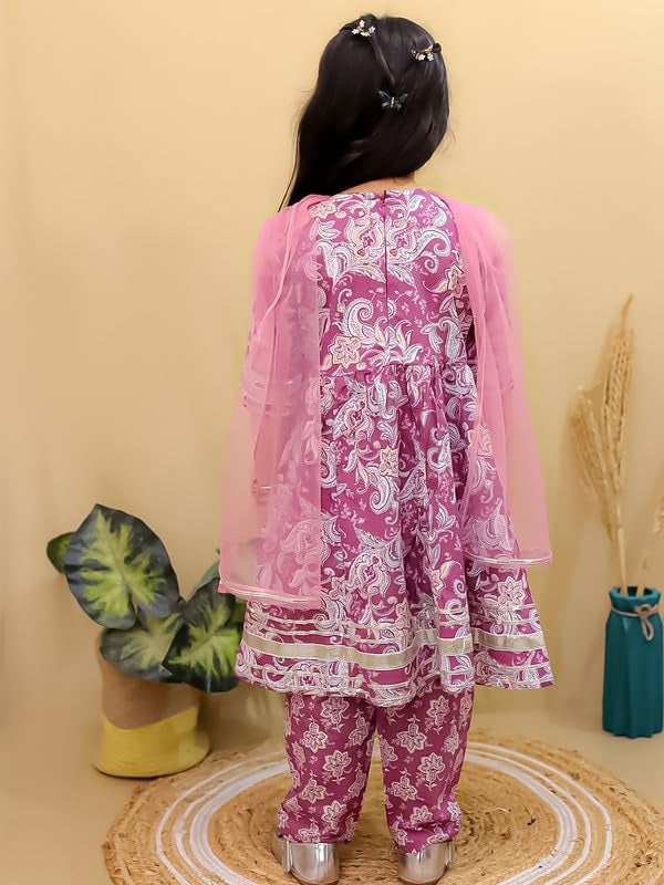 superminis Girls Cotton Floral Printed Angrakha Gotta Patti Kurti Pant Set with Net Dupatta (18-24 Months, Purple) - Image 3