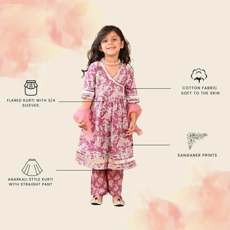 superminis Girls Cotton Floral Printed Angrakha Gotta Patti Kurti Pant Set with Net Dupatta (18-24 Months, Purple) - Image 2